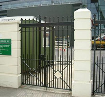 Mild steel pedestrian gate at the All England Lawn Tennis and Croquet Club.