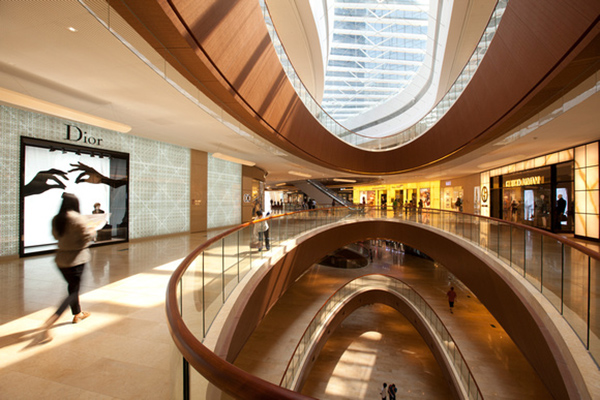 Taikoo Hall shopping centre, Macau China with PVD coated champagne coloured stainless steel cladding