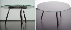 Round meeting table with white glass top - Shot-peened stainless steel legs supplied with either wheels or flat disc