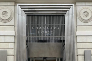 Entrance portal and signage, Chancery House, 53-64 Chancery Ln, London WC2A 1QS - Client: The Office Group - Architects: dMFK Architects and Norm Architects - Architectural metalworks: John Desmond Ltd