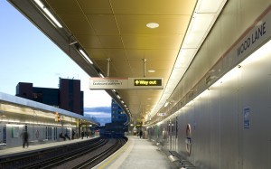 Wood Lane underground station for London Underground in partnership with Westfield - Architectural metalworks, platform seating, John Desmond Ltd - Main contractor: Costain - Architect: Ian Ritchie architects - Principal engineer: Waterman Civils