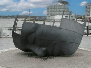 Public art in Cardiff Bay. Merchant Seafarer’s War Memorial, sculpture in iron, by Brian Fell (1996)