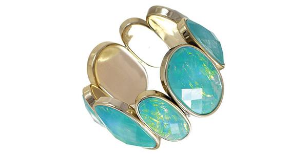 Irridescent Aqua Blue Opalescent Oval Glass Beads Gold-Tone Stretch