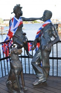 Public art in Cardiff Bay. “People Like Us” sculpture in bronze, 1993 by John Clinch