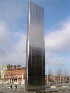 Public art in Cardiff Bay. “The Water Tower” sculpture in stainless steel, 2000, by Nicholas Hare Architects and William Pye.