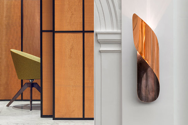 Lobby of Hôtel Vernet. Folded copper bracket lamp designed by François Champsaur and fabricated by Pouenat. - Brass mesh screen designed by François Champsaur and fabricated by Gendre. - Photograph courtesy of Hôtel Vernet.