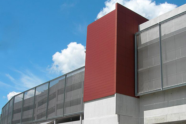 Renovated multi-storey car park using stainless steel mesh cladding by Haver and Boecker, Moulins, France