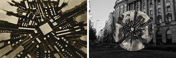 Grande Disco, left, and close up view, right, by Arnaldo Pomodoro, Piazza Filippo Meda, Milan, Italy