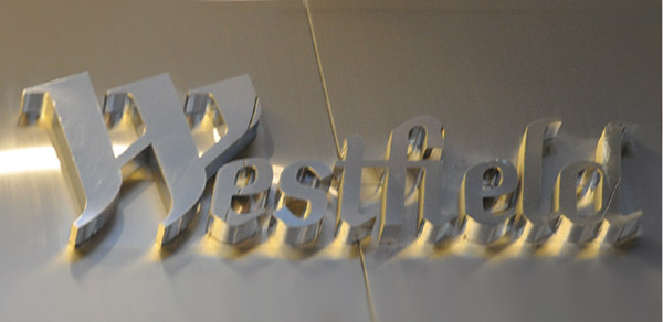 Westfield stainless steel sign fabricated by ispace, California, USA