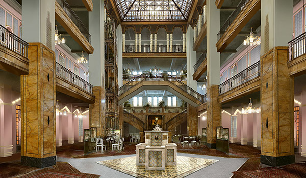 Interior of the grand entrance foyer of The Grand Budapest Hotel in the film by Wes Anderson