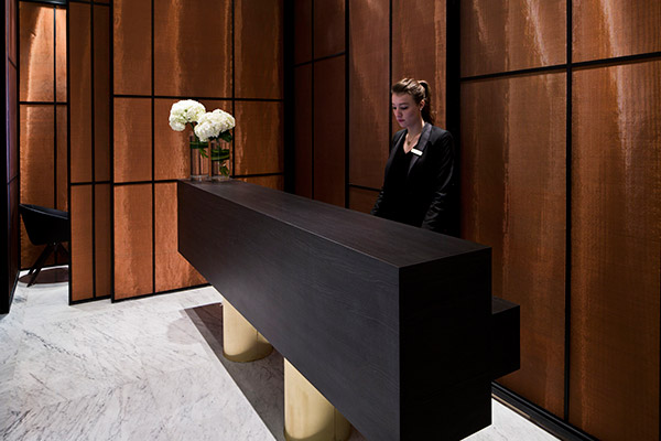 Reception desk at the Hôtel Vernet, restoration designed by François Champsaur