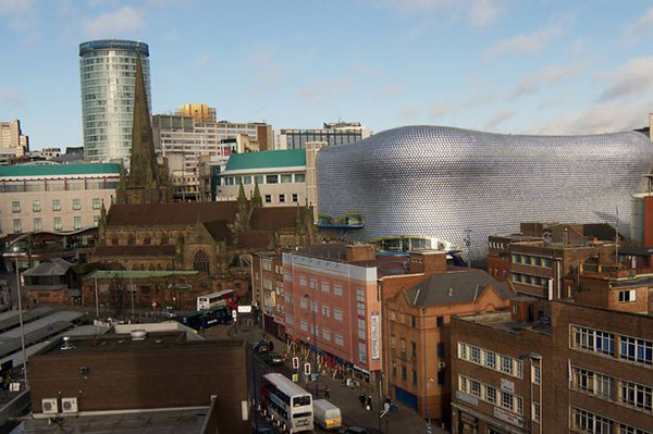 Showing the Selfridge’s Building distinct Blob Architecture and how it contrasts 
with the surrounding architecture of St Martins Church. Photo by Urban 75