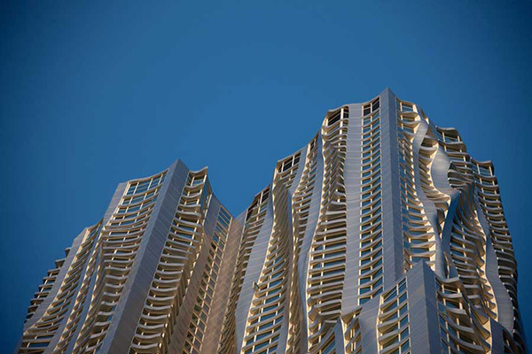 Frank Gehry’s first skyscraper, the 76-storey New York with undulating stainless steel cladding. Photo by dbox