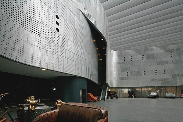 Perforated stainless steel cladding used for the interior of the Automobile Museum in Turin - Redesign and Photograph by Cino Zucchi