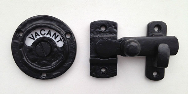 Anachronistic but thoroughly charming Black Antique Iron Vacant Engaged Bathroom WC Toilet Indicator Door Bolt from doorfittings4u