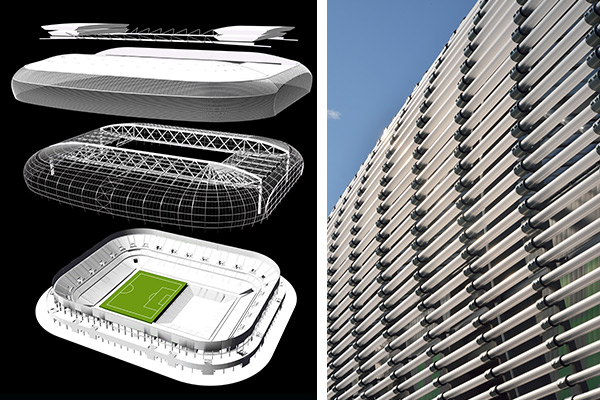 Left - Showing the layers and the aluminium skin of the Lille stadium - Right - The polycarbonate tubes making up the skin of the exterior of the stadium