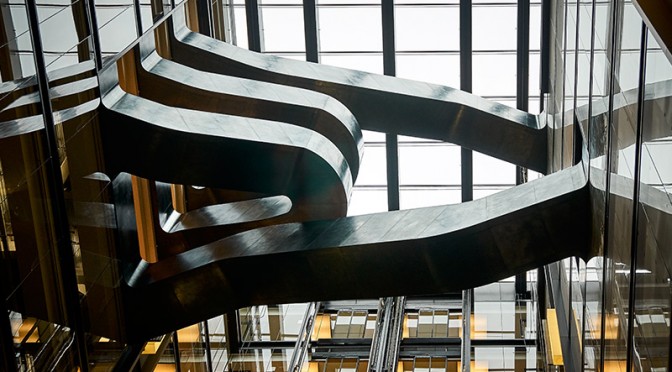 Retro-fit staircase in blackened stainless steel, Google offices, 6 Pancras Square, London, UK