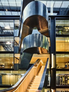 Showing the gradual increase in balustrade height. Google offices, 6 Pancras Square, London, UK Photography by Tim Soar