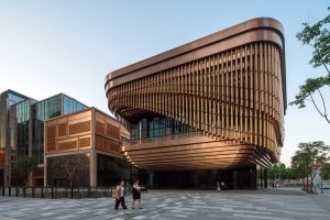 PVD stainless steel in Rose Gold Vibration is used to create the façade of the Shanghai Bund Arts and Cultural Centre and neighbouring building. Architects: Foster & Partners; Heatherwick Studio PVD: John Desmond Ltd