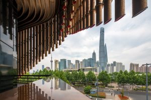 A view from the walkway inside the Shanghai Bund Arts and Cultural Centre showing a “fringe” of the façade made from PVD stainless steel in Rose Gold Vibration. Architects: Foster & Partners; Heatherwick Studio PVD: John Desmond Ltd