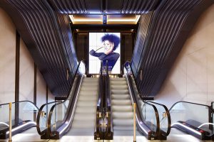 The upgraded escalator hall, Knightsbridge Store, London, UK - Architect: Make Architects - PVD coloured stainless steel trims: John Desmond Ltd