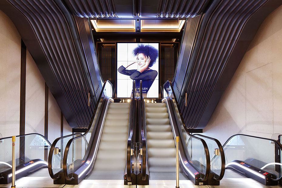 Almond Gold and Nickel escalators, returning a Knightsbridge Store’s escalator hall to a former glory