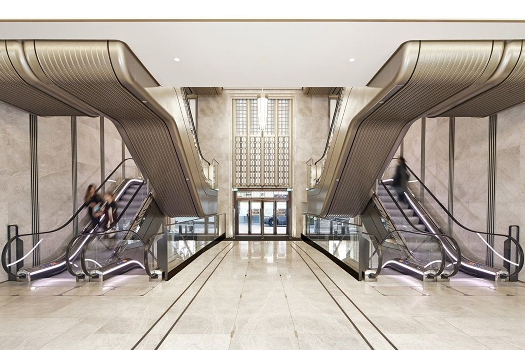 The upgraded escalator hall, Knightsbridge Store, London, UK - Architect: Make Architects - PVD coloured stainless steel trims: John Desmond Ltd The upgraded escalator hall, Knightsbridge Store, London, UK - Architect: Make Architects - PVD coloured stainless steel trims: John Desmond Ltd