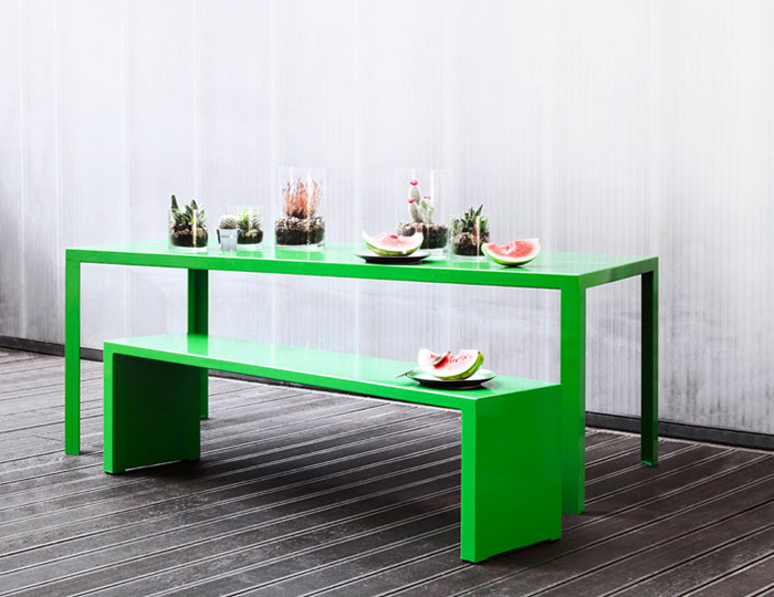 Jennifer Newman’s Groove table fabricated from powder-coated aluminium, here shown in RAL 6038 - Luminous Green