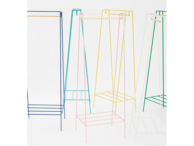 The &New 'A' clothes rail in powder-coated steel, available in pink, turquoise, yellow, beetroot/brass and blue.