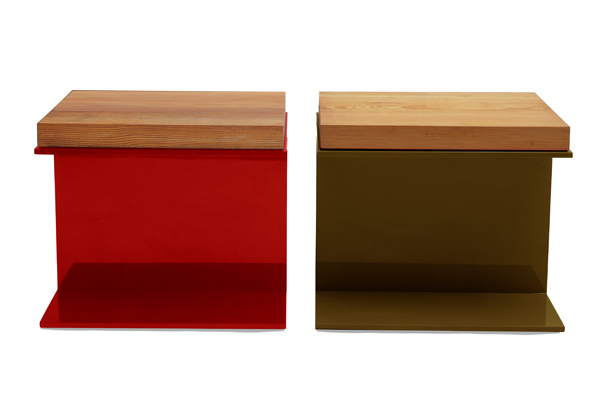 Lucky Beam bench, designed by Katch I.D. based on the structural I-beam and made from powder-coated aluminium. Shown in Red and Sage green.