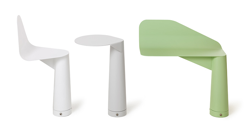 Orbit chair and table shown in white powder-coat and bench shown in Celadon powder-coat. Measurements: Height: 65.5 cm. Height of seat: 45.4 cm. Width of seat: 30.5 cm. Diameter of base: 14.2 cm.