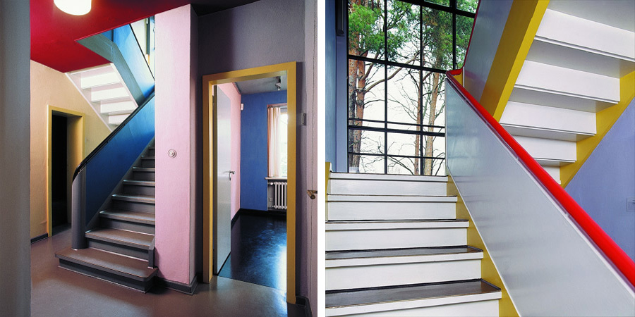 The brightly coloured interiors of House Klee and House Kandinsky, The Bauhaus School, Dessau