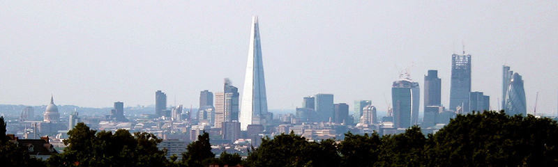 The City of London skyline with the Shard seen centrally, viewed from the Hornimann Museum, Forest Hill in July 2013.
Photograph by CM Glee.