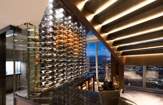 The Shangri-La Sky Lounge on the 34th floor of the Shard. - The wine wall, shown here, holds over 500 bottles of wine and champagne.