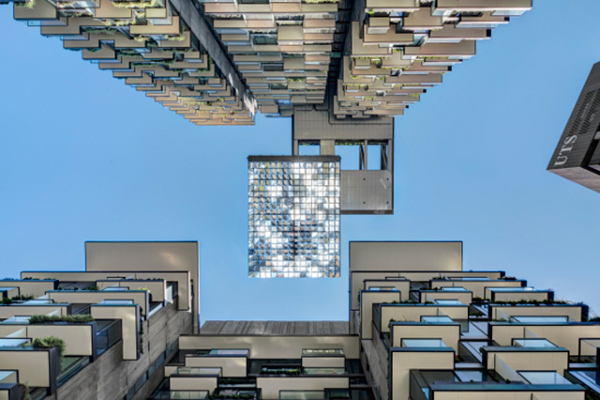 Looking up at the structure with its cantilevered “garden”, One Central Park, Sydney by Jean Nouvel and PTW Architects