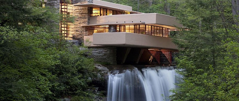Falling Water by Frank Lloyd Wright embodies the principles of Nature in Space as defined by Terrapin Bright Green in their study 14 patterns of Biophilic design.