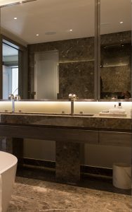 Marble and bronze PVD stainless steel fixtures. Bathroom, Bedford Gardens, London. Architects: Nash Baker Interior Designers: DeSalles Flint Architectural metalwork & PVD stainless steel: John Desmond Ltd