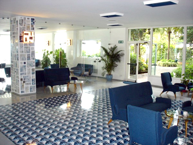 Lounge area of the Hotel Parco dei Principi in Sorrento showing the tile design by Gio Ponti.