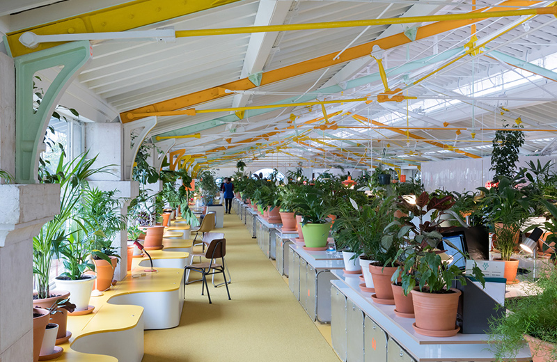 Wavy-edged desks and yellow beams, Second Home Lisboa working space by Spanish architects José Selgas and Lucía Cano