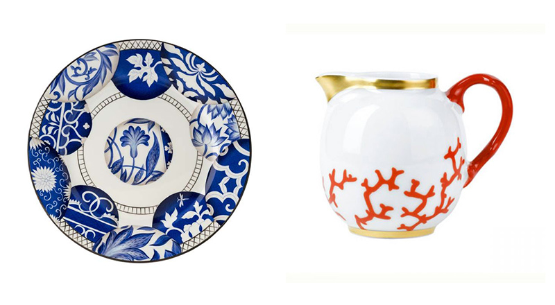 Two tableware ranges designed by Alberto Pinto for Raynaud in Limoges porcelain. On the left is Shanghai, Pinto’s reworking of the traditional Chinese blue and white design. On the right is the Cristobal design of a burnt-orange-red coral on a white background with a gold rim and base. The “red squiggle” of the coral motif recurs on Pinto’s fabric designs for Pierre Frey.