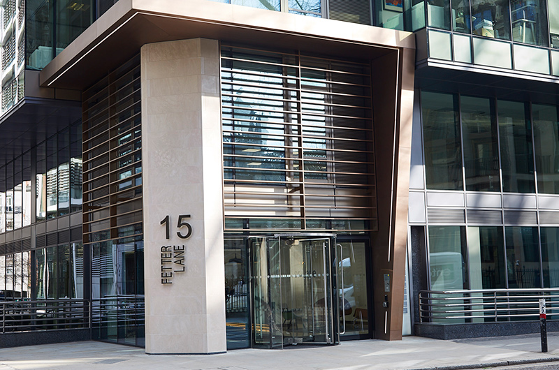 Bronze cladding, columns and Brise Soleil, 15 Fetter Lane, London, UK