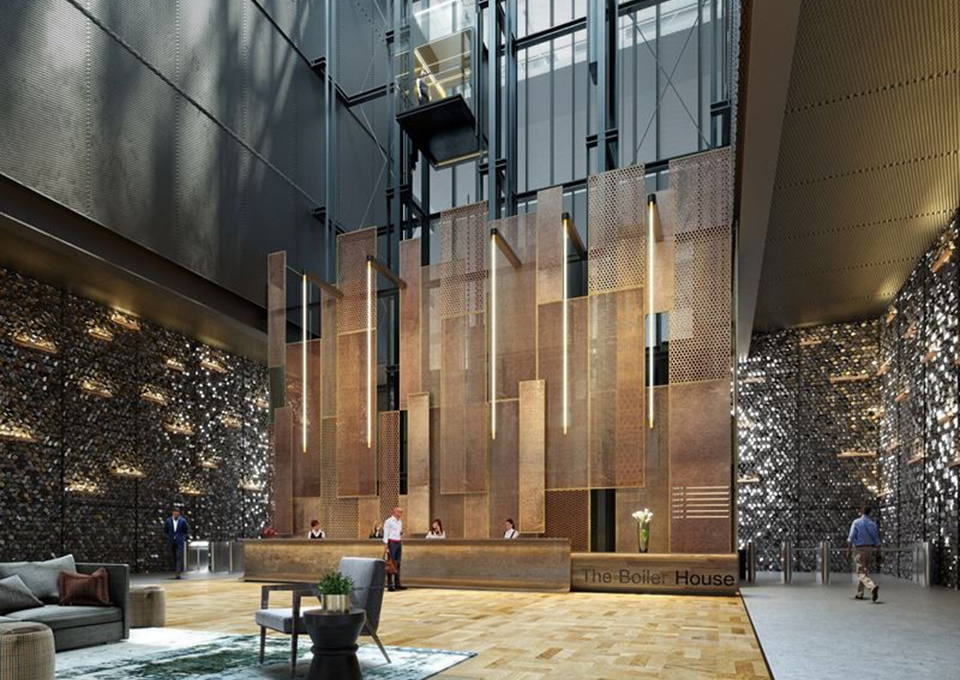 The proposed redesign of The Boiler House, Battersea Power Station by Foster & Partners utilises architectural finishes to create an atmospheric interior environment.