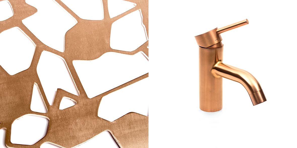 Laser-cut screen DS SG Urban Flow and DSS WA Basin Tap in PVD coloured stainless steel Copper Brush.