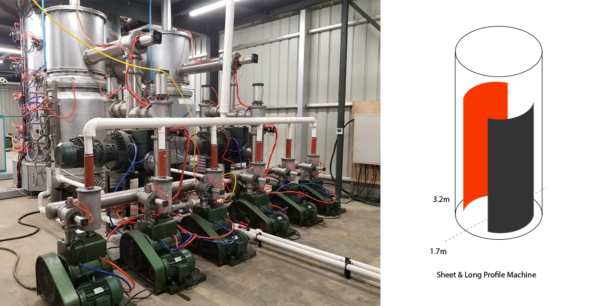 Stainless steel sheet and long profile PVD colouring machine. Stainless steel sheet and long profile PVD colouring machine.