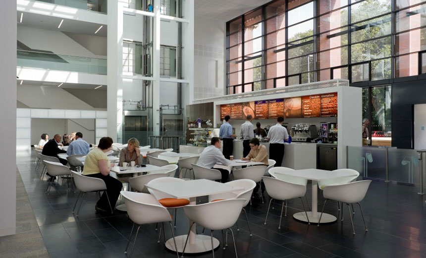 From the interior of the space the distinctive appearance of the mesh adds an interesting element to the design as well as providing solar shading. Dining Block, Cadbury headquarters, Birmingham