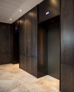 Elevator lift and lobby in V-Grooved electro zinc coated mild steel. Fenman House, Apartment Building, 9 Handyside St, King’s Cross, London N1C