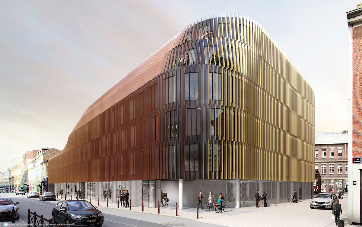 The Conex Building, Lille by architects Chartier-Corbasson in partnership with engineers VS-A. The façade is made up of Bronze aluminium blades.