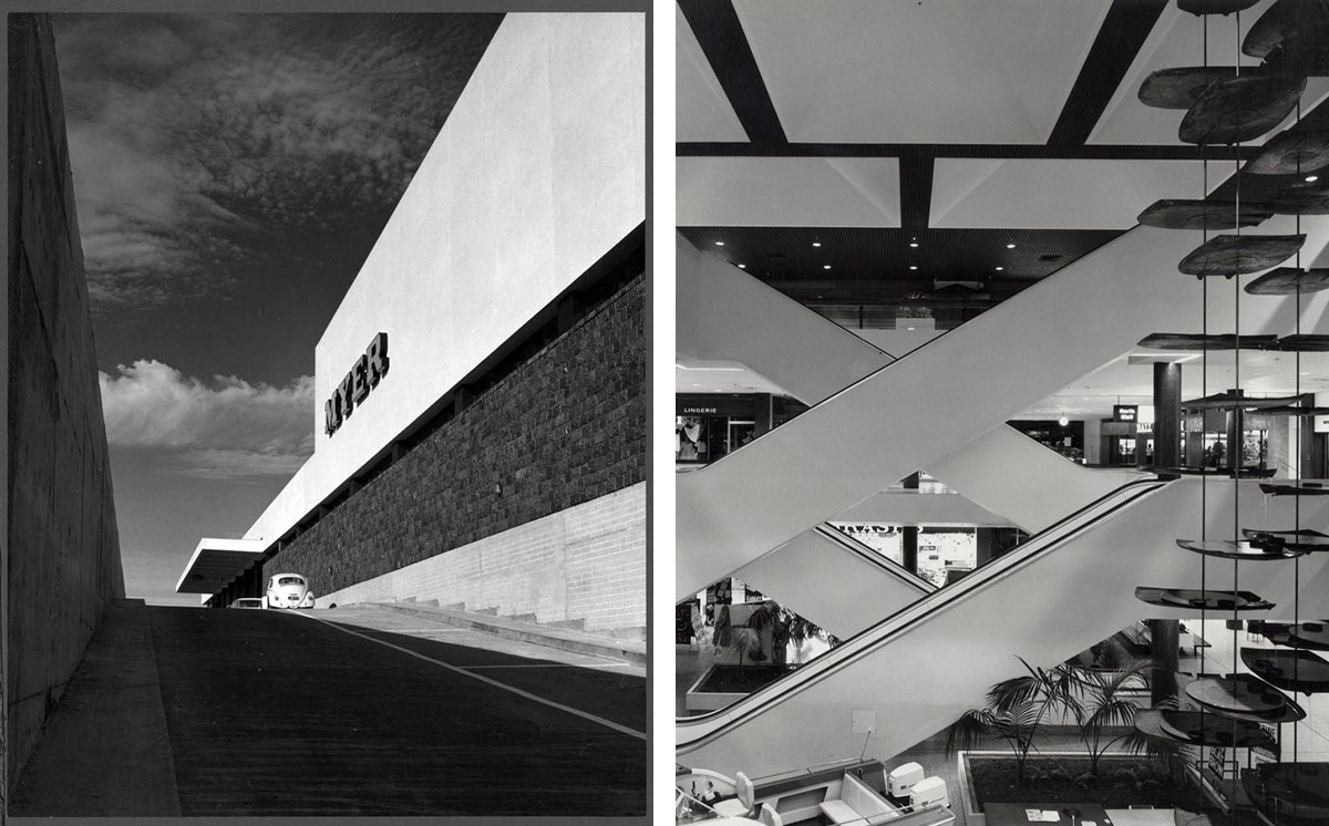Myer façade and atrium escalators at Southland Shopping Centre by Tomkins Shaw & Evans / photographs by Wolfgang Sievers / Pictures Collection, State Library Victoria H98.30/312 and H98.30/310