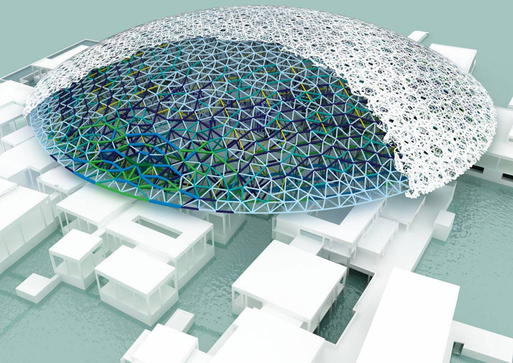 Cutaway showing roof design by BuroHappold. The Louvre, Abu Dhabi. Architecture by Jean Nouvel. Engineering by BuroHappold.