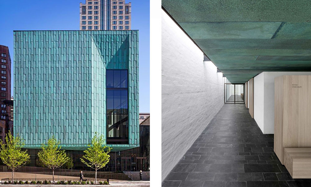 Above left The pre-aged copper façade of the Fourth Presbyterian Church in Chicago by Gensler and Above right the pre-aged copper ceiling in the St Lawrence Chapel in Vantaa by Avanto Architects